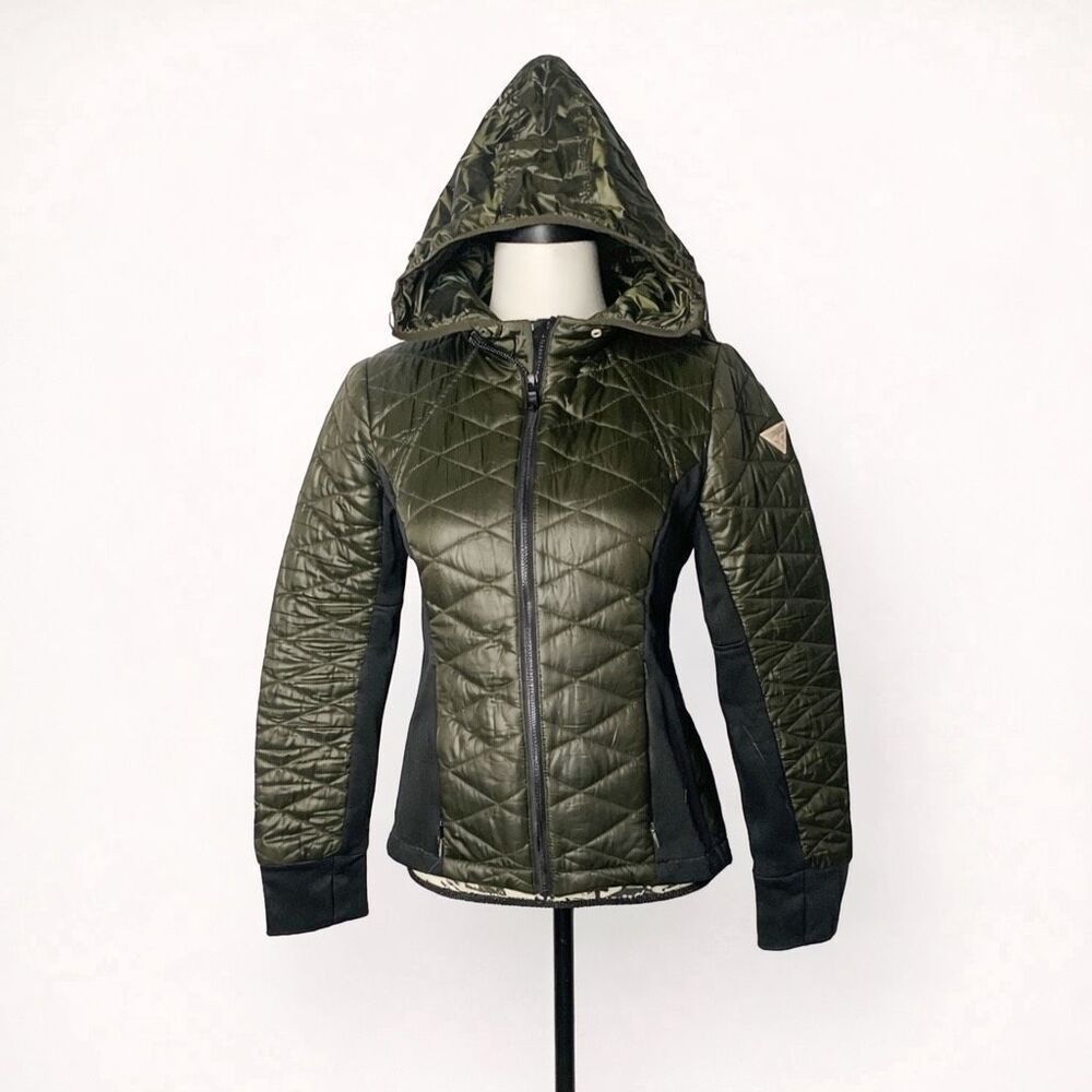 GUESS Olive Packable Quilted Puffer Jacket Hidden Hood Lightweight Coat M